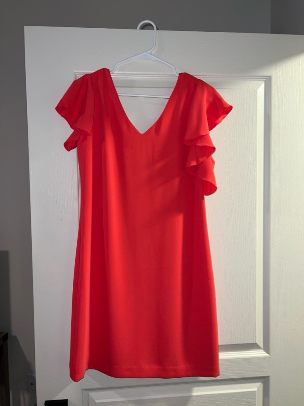 Trina Turk Coral-Red Flutter Sleeve V-Neck Mini Dress